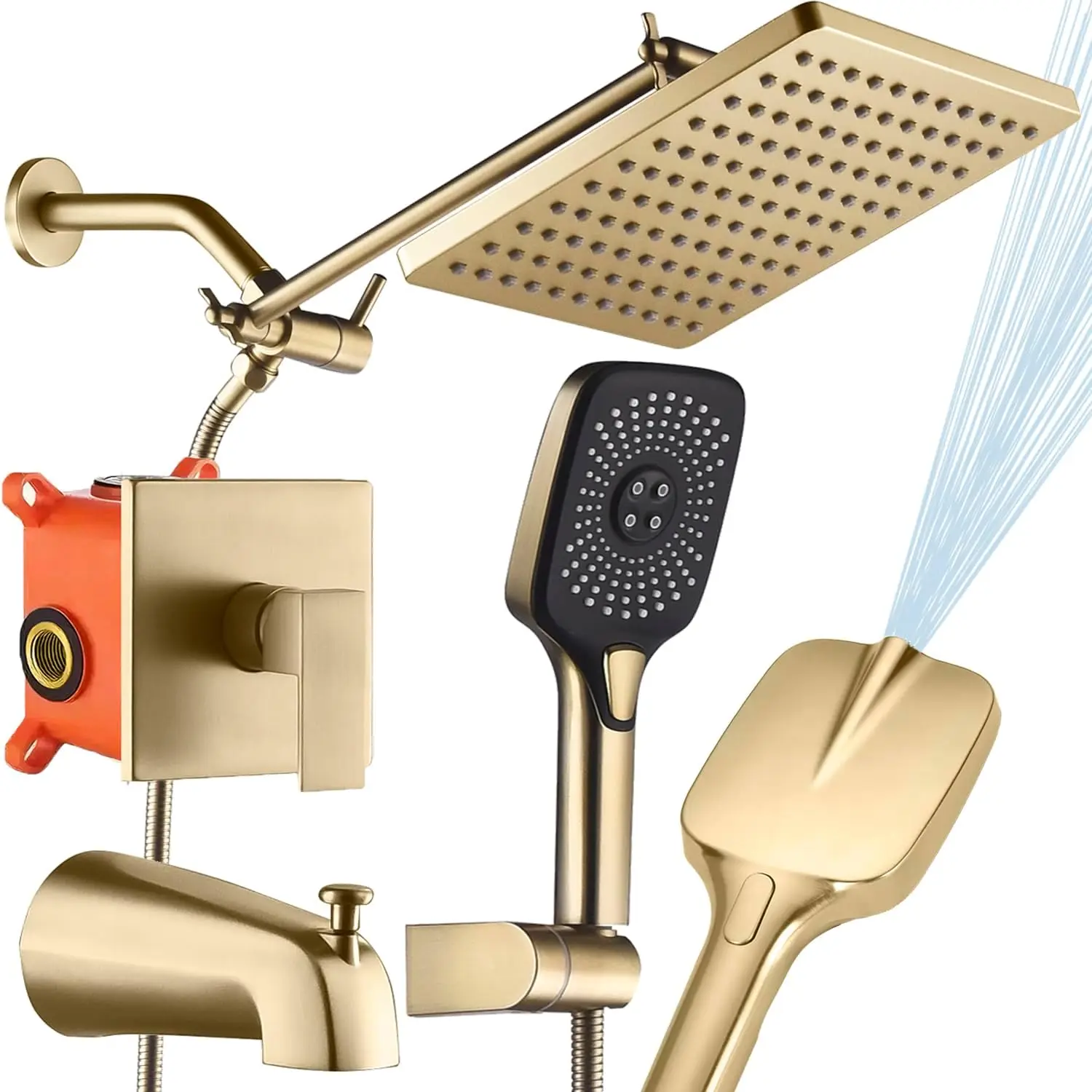 Brushed Gold Rainfall Shower Faucet Set with Tub Spout, 4-Spray Settings, Modern Wall Mounted System
Brushed Gold Rainfall Shower Faucet Set with Tub Spout, 4-Spray Settings, Modern Wall Mounted System