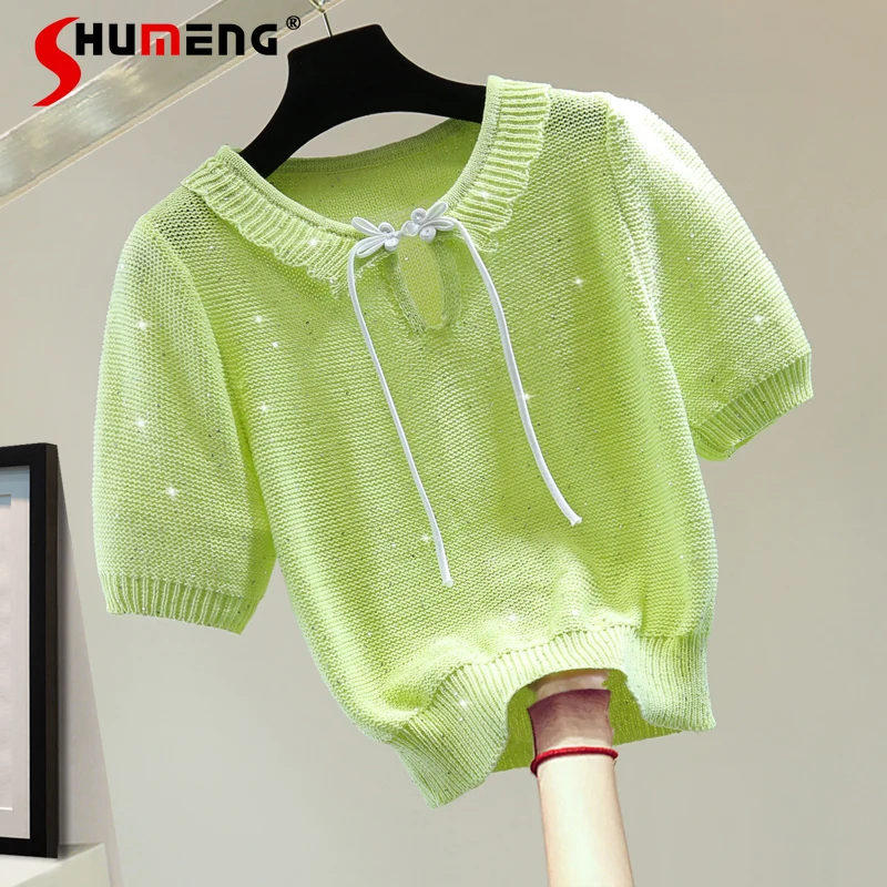 Sequined Tassel Ice Silk Short Sleeve T-shirt 2024 Summer Korean Style High Waist Short Retro Buckle Sweater Y2k Top Tees Female
Sequined Tassel Ice Silk Short Sleeve T-shirt 2024 Summer Korean Style High Waist Short Retro Buckle Sweater Y2k Top Tees Female