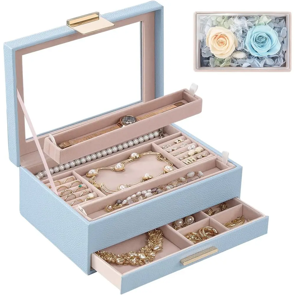Blue 2-Layer Glass-Top Jewelry Box with Drawer, Elegant Storage for Women's Accessories
Blue 2-Layer Glass-Top Jewelry Box with Drawer, Elegant Storage for Women's Accessories