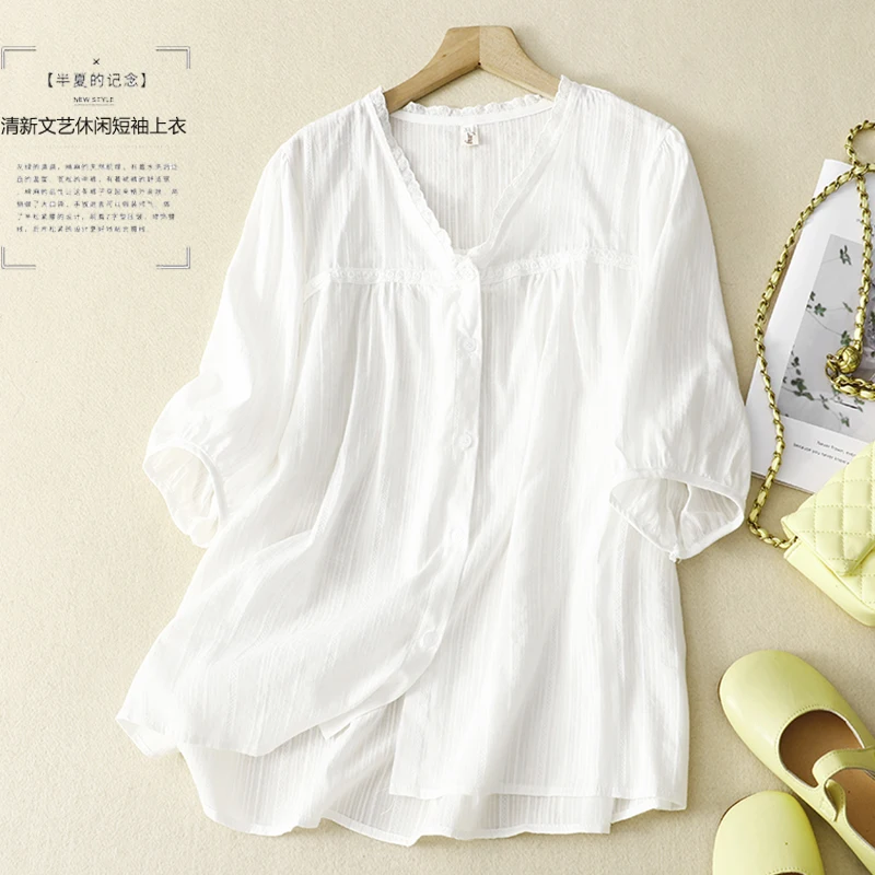 2023 Women Cotton Pleated White Shirt Summer Thin Lace V-neck Short-sleeved Shirt Tops Blouse Women Camisas De Mujer
2023 Women Cotton Pleated White Shirt Summer Thin Lace V-neck Short-sleeved Shirt Tops Blouse Women Camisas De Mujer