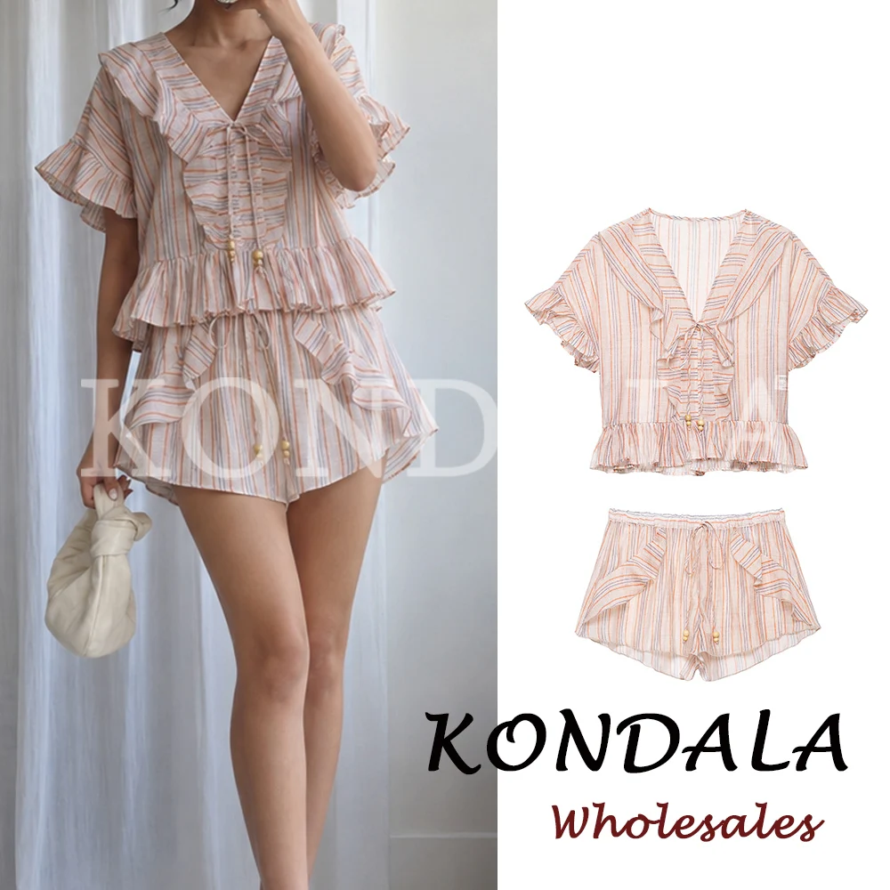 KONDALA Casual Striped Summer Woman Suits Lace-up V-Neck Shirt+ Drawstring Lace Shorts Fashion 2026 Female Elegant Tiered Sets
KONDALA Casual Striped Summer Woman Suits Lace-up V-Neck Shirt+ Drawstring Lace Shorts Fashion 2026 Female Elegant Tiered Sets