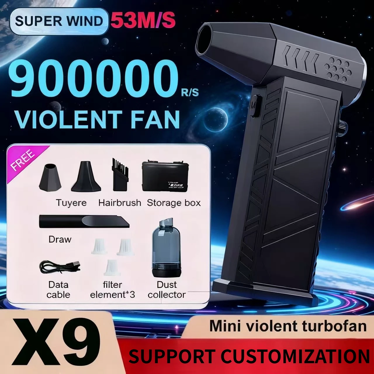 Turbo Fan Upgrade New X9 Rechargeable Blower 9900000RPM Brushless Air Blower Turbo Jet Fan Portable Dust Blower Electric Dryer
Turbo Fan Upgrade New X9 Rechargeable Blower 9900000RPM Brushless Air Blower Turbo Jet Fan Portable Dust Blower Electric Dryer