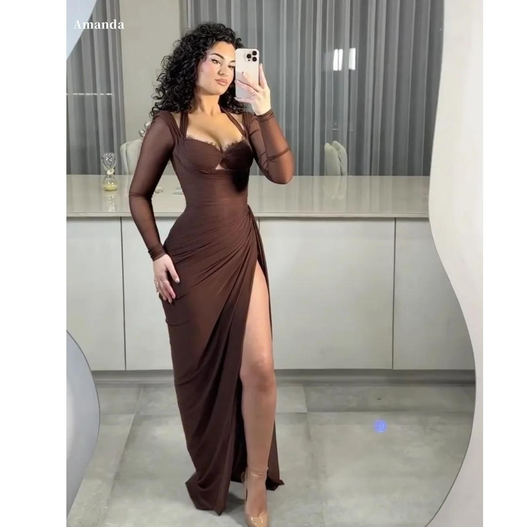 Amanda Customized Brown Halter Neck Long Sleeve Mesh Ruched High Slit Mermaid Prom Dress Formal Evening vestidos de noche 2026
Amanda Customized Brown Halter Neck Long Sleeve Mesh Ruched High Slit Mermaid Prom Dress Formal Evening vestidos de noche 2026