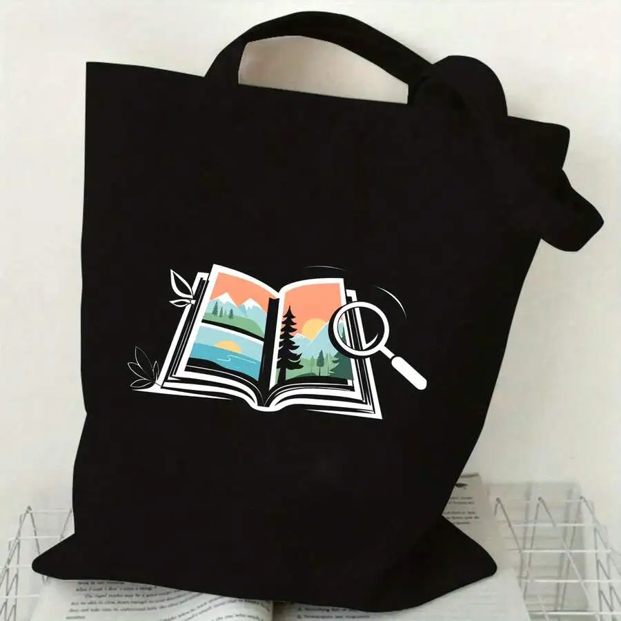 Black Canvas Tote Bag With Book Landscape And Magnifying Glass Print, Unisex Reusable Shopping Bag For Daily Use
Black Canvas Tote Bag With Book Landscape And Magnifying Glass Print, Unisex Reusable Shopping Bag For Daily Use
