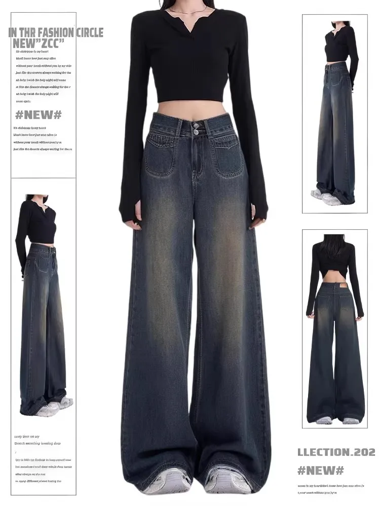 High Waist Wide Leg Jeans Women's plus Size American Retro Cement Grey Loose Lazy Draping Floor-Length Pants
High Waist Wide Leg Jeans Women's plus Size American Retro Cement Grey Loose Lazy Draping Floor-Length Pants