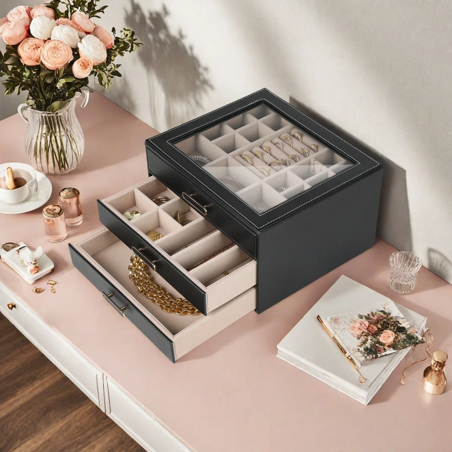 3 Layer Jewelry Organizer Box with glass lid,Women Jewelry Boxes with 3 Drawers Large Storage Box for Earring Necklaces
3 Layer Jewelry Organizer Box with glass lid,Women Jewelry Boxes with 3 Drawers Large Storage Box for Earring Necklaces