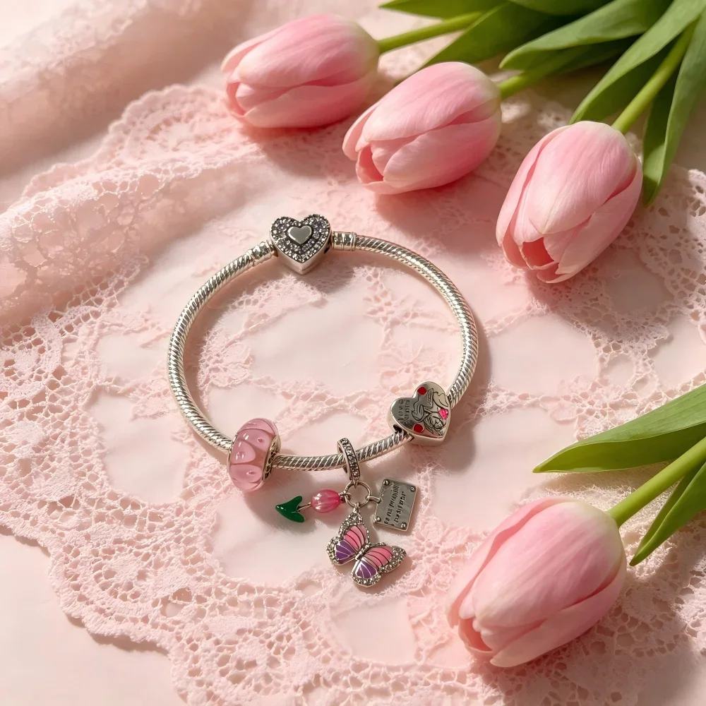 Floral Charms 925 Silver Pink Butterfly Tulip Love Beads Pendant Fit Heart Bracelet Jewelry Making Birthday Party Gift with Box
Floral Charms 925 Silver Pink Butterfly Tulip Love Beads Pendant Fit Heart Bracelet Jewelry Making Birthday Party Gift with Box