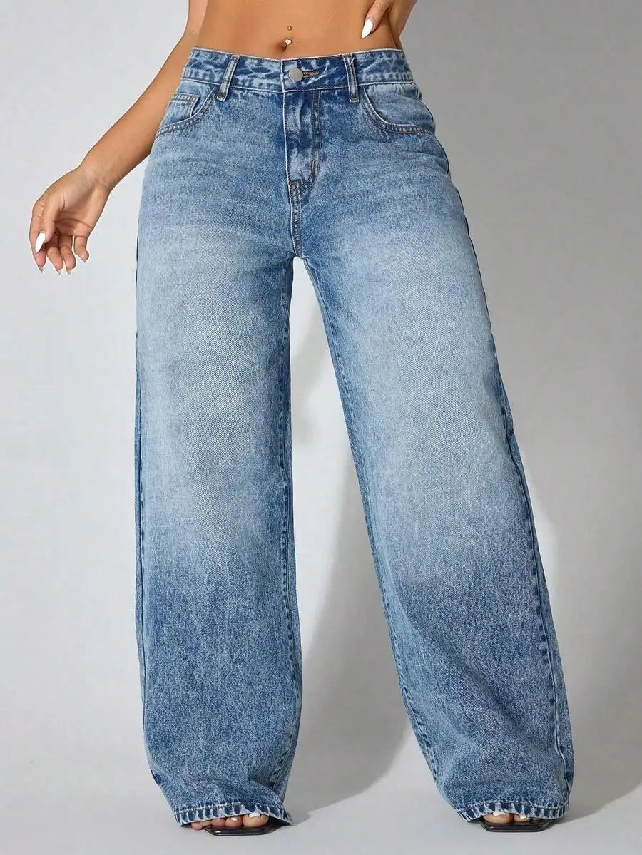 Low Waist Wide Leg Casual Blue Denim Jeans With Slant Pockets
Low Waist Wide Leg Casual Blue Denim Jeans With Slant Pockets