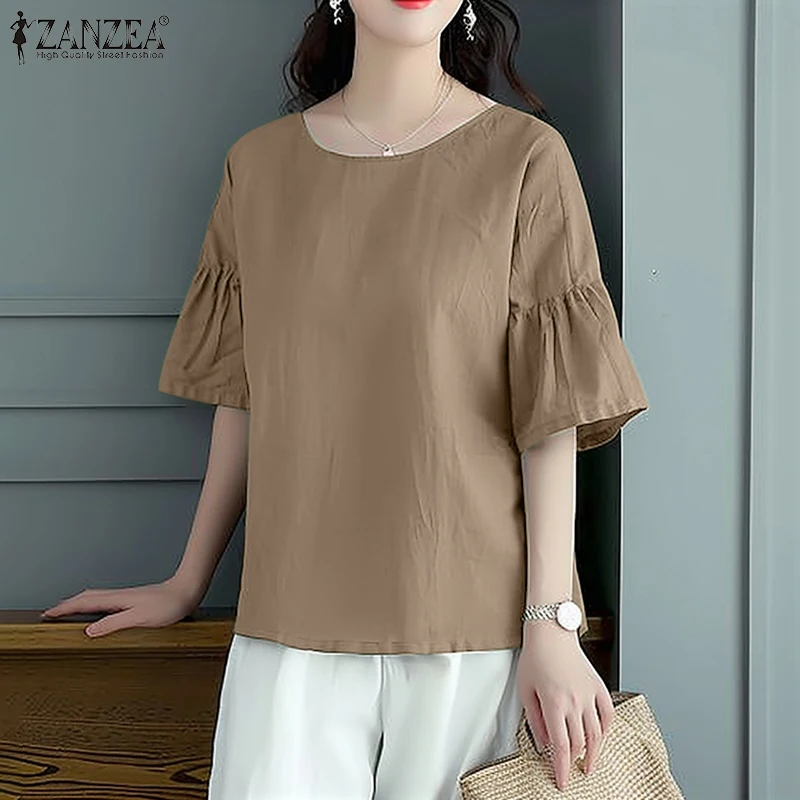Женские повседневные блузки ZANZEA, элегантные однотонные топы с круглым вырезом и полурасклешенными рукавами, летние удобные свободные тонкие блузки для женщин
Женские повседневные блузки ZANZEA, элегантные однотонные топы с круглым вырезом и полурасклешенными рукавами, летние удобные свободные тонкие блузки для женщин