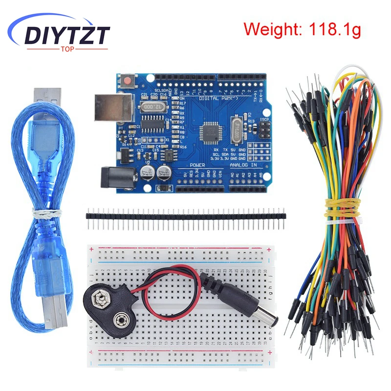 Стартовый комплект DIYTZT для arduino Uno R3 — комплект из 5 предметов: Uno R3, макетная плата, перемычки, USB-кабель и разъем для батареи 9 В.
Стартовый комплект DIYTZT для arduino Uno R3 — комплект из 5 предметов: Uno R3, макетная плата, перемычки, USB-кабель и разъем для батареи 9 В.
