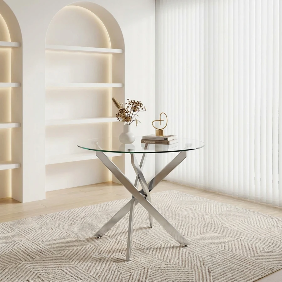Round Dining Table, 35.5 Glass Dining Table with Silver Metal Legs, Modern Kitchen Dining Room Use, Tempered Glass Top, Sleek M
Round Dining Table, 35.5 Glass Dining Table with Silver Metal Legs, Modern Kitchen Dining Room Use, Tempered Glass Top, Sleek M
