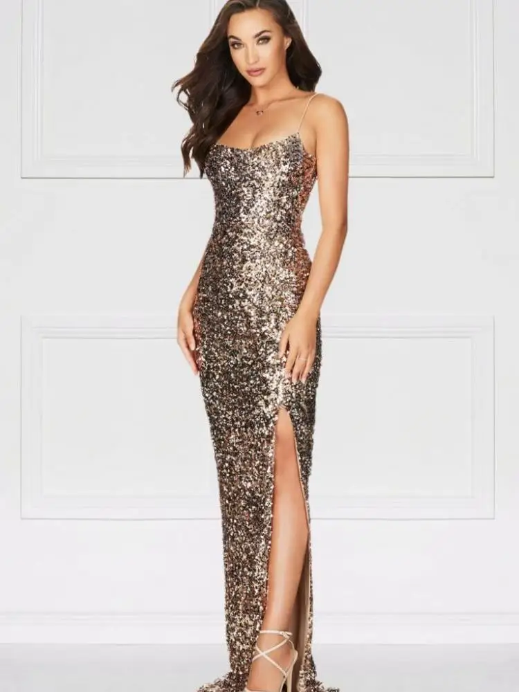 2022 High Quality Shining Golden Sequins Spaghetti Strap High Split Long Dress Elagant Woman Birthday Dress Luxury Party Vestido
2022 High Quality Shining Golden Sequins Spaghetti Strap High Split Long Dress Elagant Woman Birthday Dress Luxury Party Vestido
