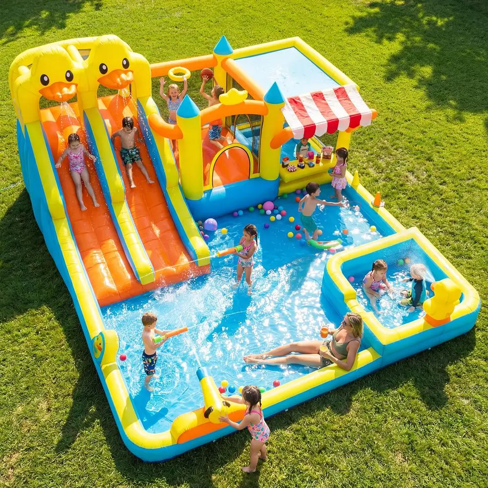 Inflatable Bounce House Double Water Slide, 11 in 1 Bouncy Castle with Market Stand, Water Gun, Splash Pool, Climbing Wall, Bas
Inflatable Bounce House Double Water Slide, 11 in 1 Bouncy Castle with Market Stand, Water Gun, Splash Pool, Climbing Wall, Bas