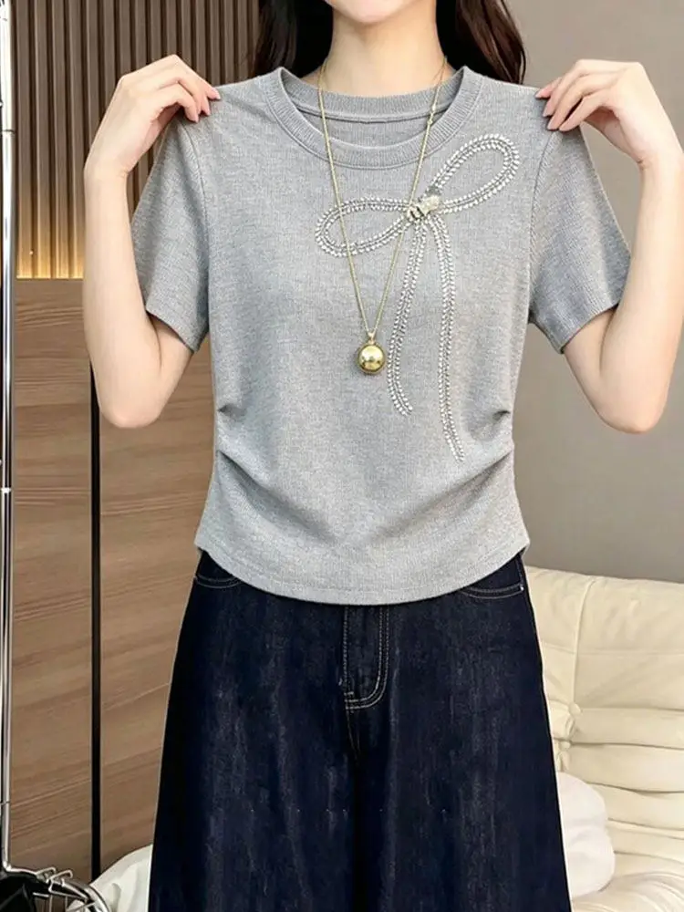 Gray Knot Design Short Sleeve T-Shirt Women's Summer New Style Versatile Youthful Slimming Top Commute Korean Style
Gray Knot Design Short Sleeve T-Shirt Women's Summer New Style Versatile Youthful Slimming Top Commute Korean Style