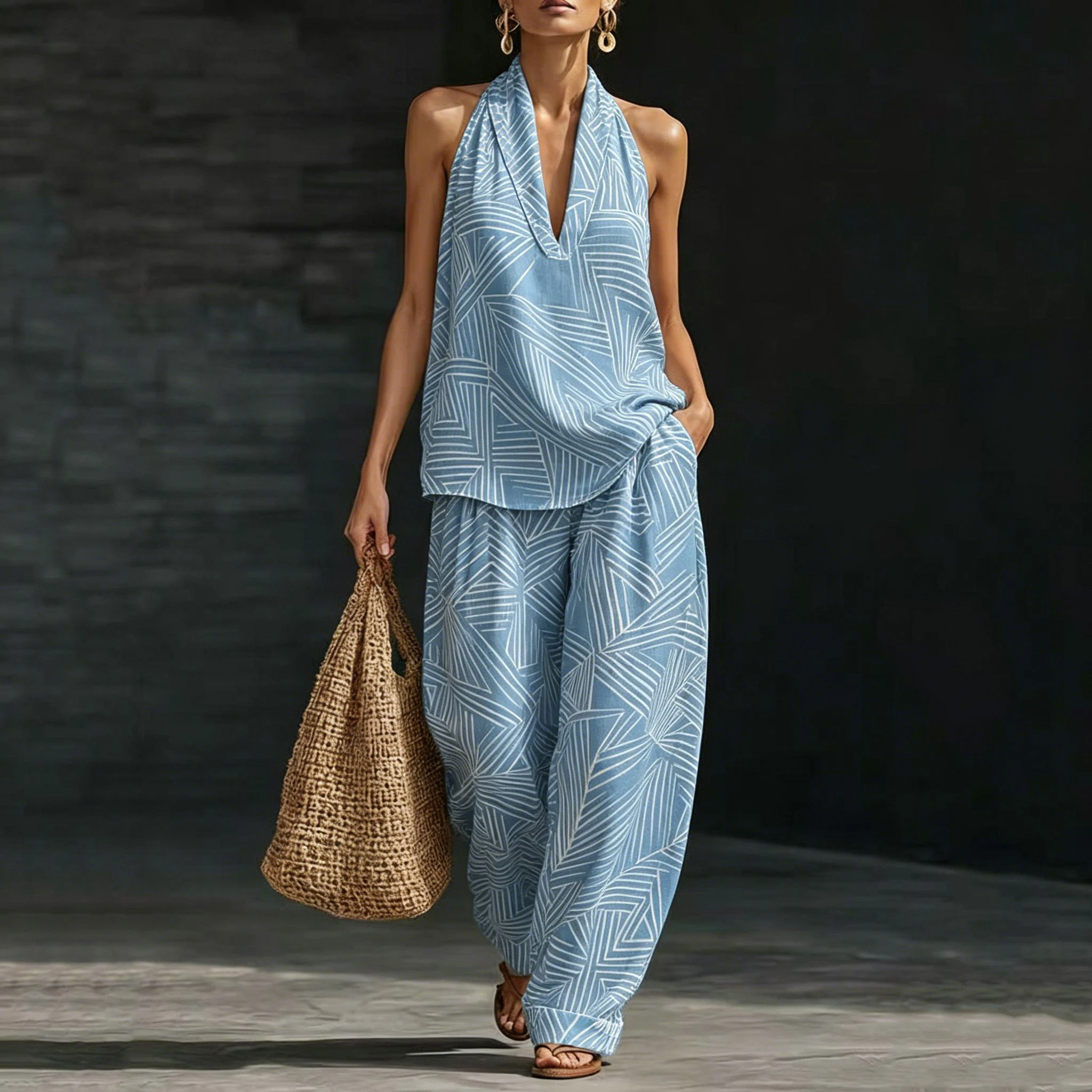 Abstract Geometric Line Print Women 2 Piece Sets Outfits Summer Chic Halter Neck Sleeveless V-Neck Tank Top Loose Wide Leg Pants
Abstract Geometric Line Print Women 2 Piece Sets Outfits Summer Chic Halter Neck Sleeveless V-Neck Tank Top Loose Wide Leg Pants
