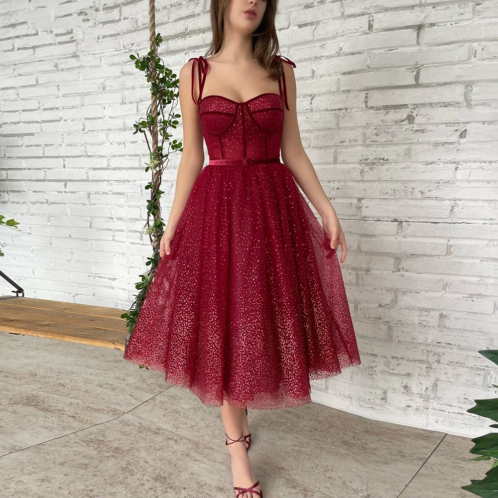 Burgundy Glitter Tulle Prom Dresses Sweetheart Straps Tea-Length A-Line Wedding Party Gowns Midi Elegant Formal Evening Gowns
Burgundy Glitter Tulle Prom Dresses Sweetheart Straps Tea-Length A-Line Wedding Party Gowns Midi Elegant Formal Evening Gowns