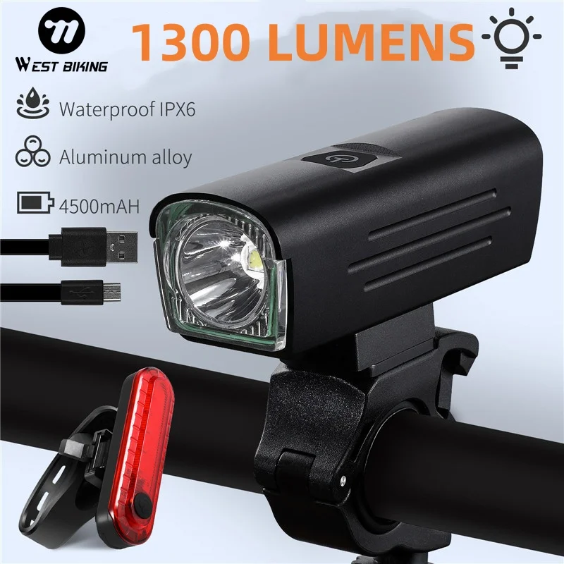 WEST BIKING 1300 Lumen Bike Light USB Rechargeable Front Headlight and Rear Taillight Kit Waterproof Bicycle Cycling Safety Lamp
WEST BIKING 1300 Lumen Bike Light USB Rechargeable Front Headlight and Rear Taillight Kit Waterproof Bicycle Cycling Safety Lamp