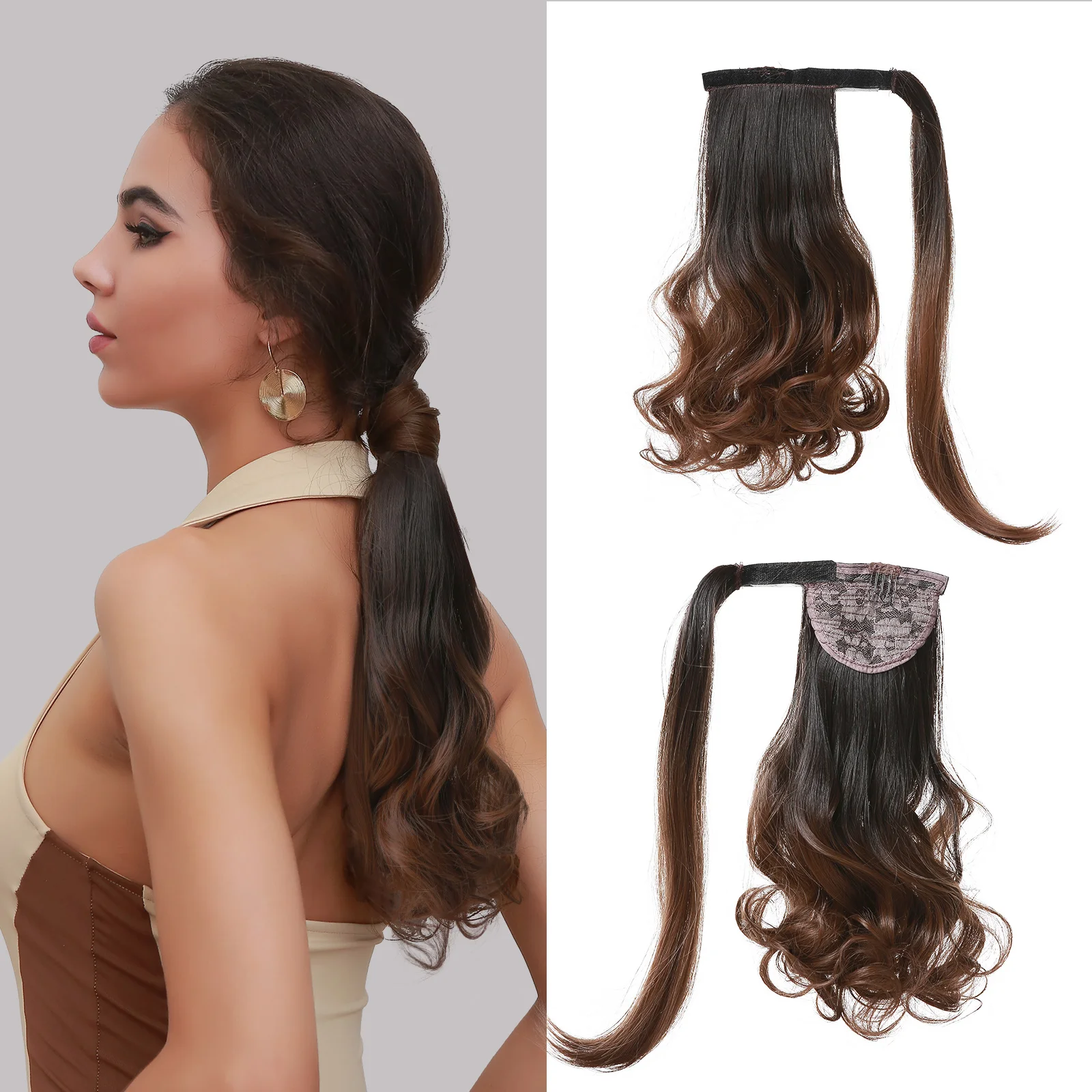 Black Brown Ombre Synthetic Ponytail Long Curly Flexible Hair Extensions Natural Wavy Wrap Around Ponytail Hair Pieces for Women
Black Brown Ombre Synthetic Ponytail Long Curly Flexible Hair Extensions Natural Wavy Wrap Around Ponytail Hair Pieces for Women