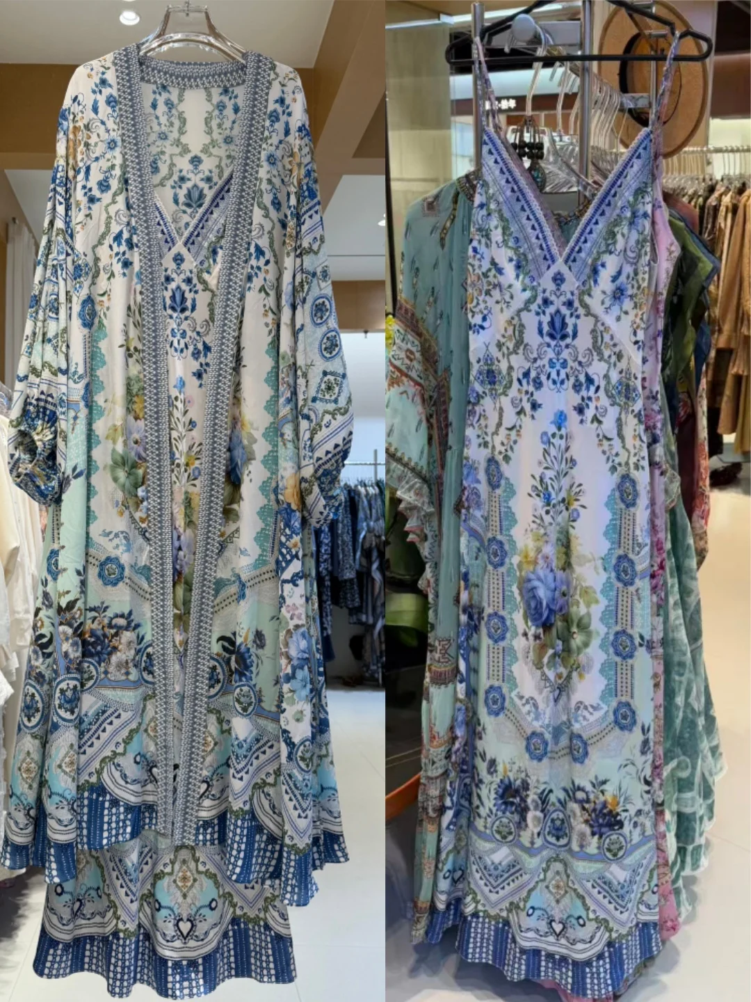 100% Silk Women Blue Floral Print Set Lace Spliced V-Neck High Waist Sleeveless Long Dress + Batwing Sleeve Loose Coat Suit
100% Silk Women Blue Floral Print Set Lace Spliced V-Neck High Waist Sleeveless Long Dress + Batwing Sleeve Loose Coat Suit