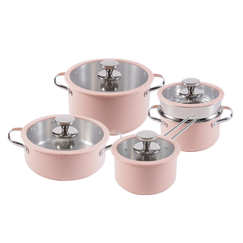 9pcs Stainless Steel Ceramic Coated Pot Set, Including 1 Milk Pot, 2 Stockpots, 1 Non-Stick Pan, 4 LIDS And 1 Steamer Pink
9pcs Stainless Steel Ceramic Coated Pot Set, Including 1 Milk Pot, 2 Stockpots, 1 Non-Stick Pan, 4 LIDS And 1 Steamer Pink