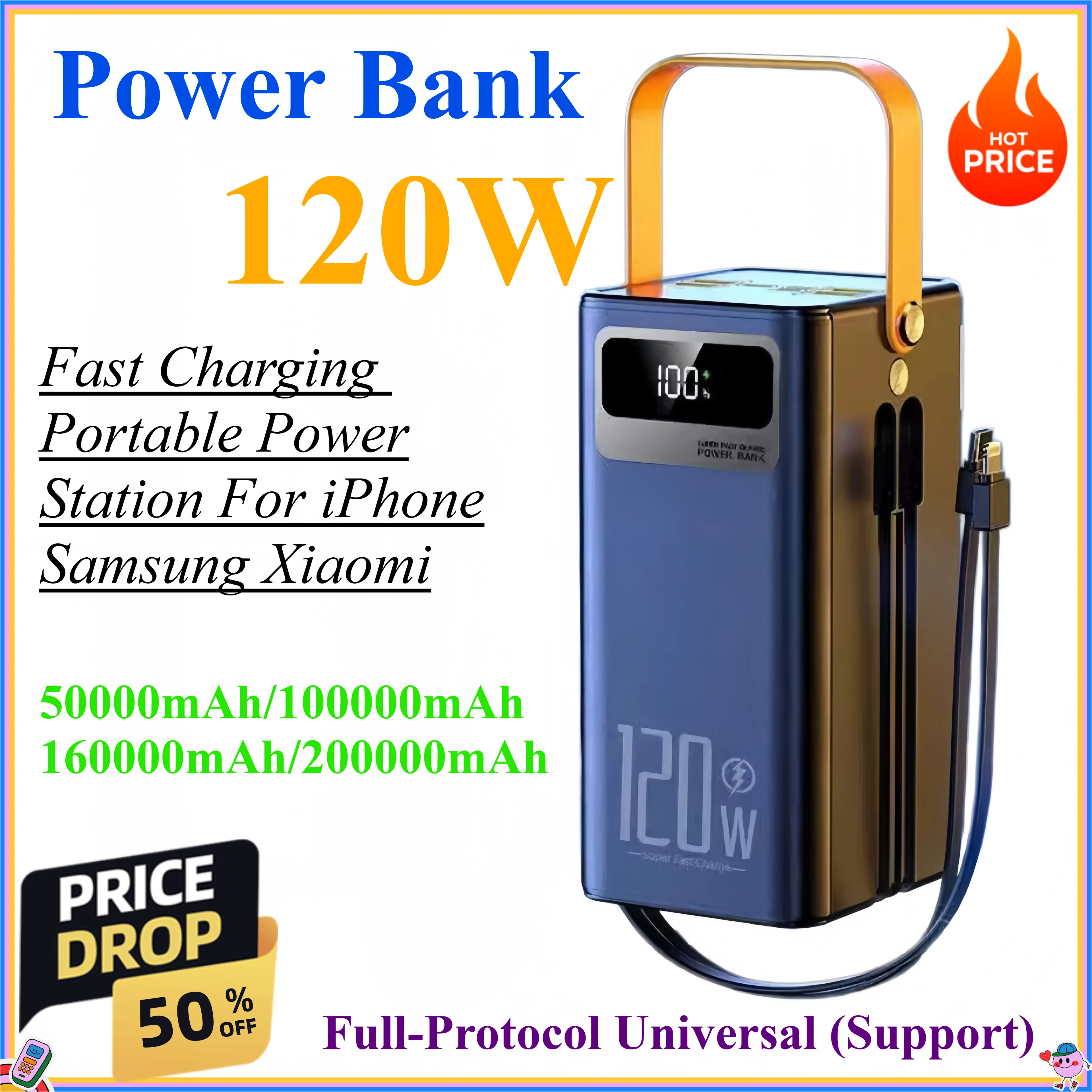 50000mAh 200000mAh Power Bank PD120W Fast Charging Portable Large Battery Capacity Power Station For iPhone Samsung Xiaomi
50000mAh 200000mAh Power Bank PD120W Fast Charging Portable Large Battery Capacity Power Station For iPhone Samsung Xiaomi