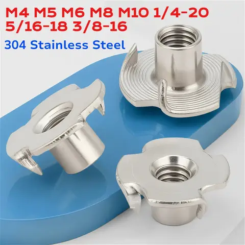 M4 M5 M6 M8 M10 1/4-20 5/16-18 3/8-16 304 Stainless Steel Four Claws Nut T-nut Blind Pronged Insert T-Nut for Furniture Hardware