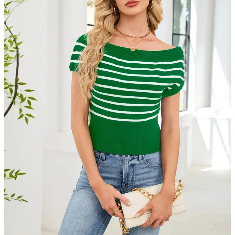 New Off Shoulder Knit Top Short Sleeve Button Detail Striped Blouse Women Casual Wear
New Off Shoulder Knit Top Short Sleeve Button Detail Striped Blouse Women Casual Wear