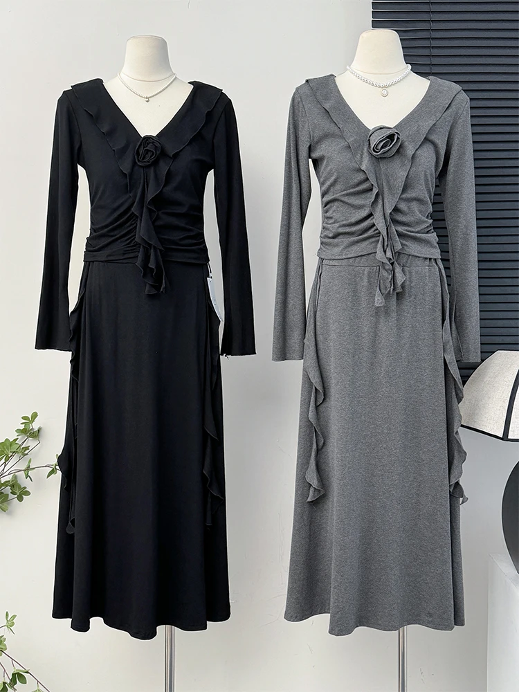 Fashion Sexy V-neck 3d Flower Spliced Ribbons Folds Tops Women Spring Autumn Elegance Solid Color Draped High-waist Skirts Suits
Fashion Sexy V-neck 3d Flower Spliced Ribbons Folds Tops Women Spring Autumn Elegance Solid Color Draped High-waist Skirts Suits