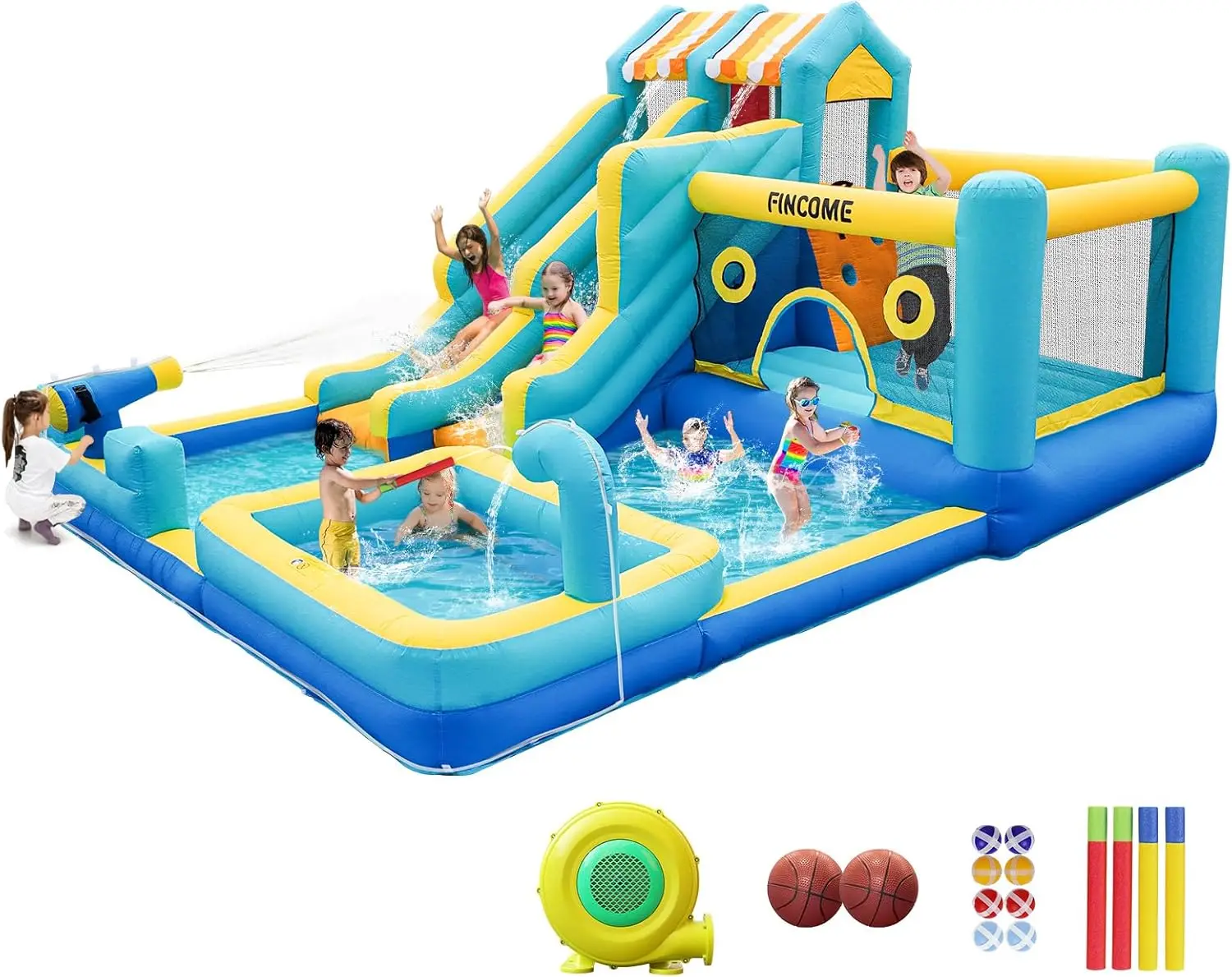 FINCOME Inflatable Bounce House, 10 in 1 Double Water Slide Bounce House with 750W Blower, Climbing Wall, Jumping, Water Gun, Sp
FINCOME Inflatable Bounce House, 10 in 1 Double Water Slide Bounce House with 750W Blower, Climbing Wall, Jumping, Water Gun, Sp