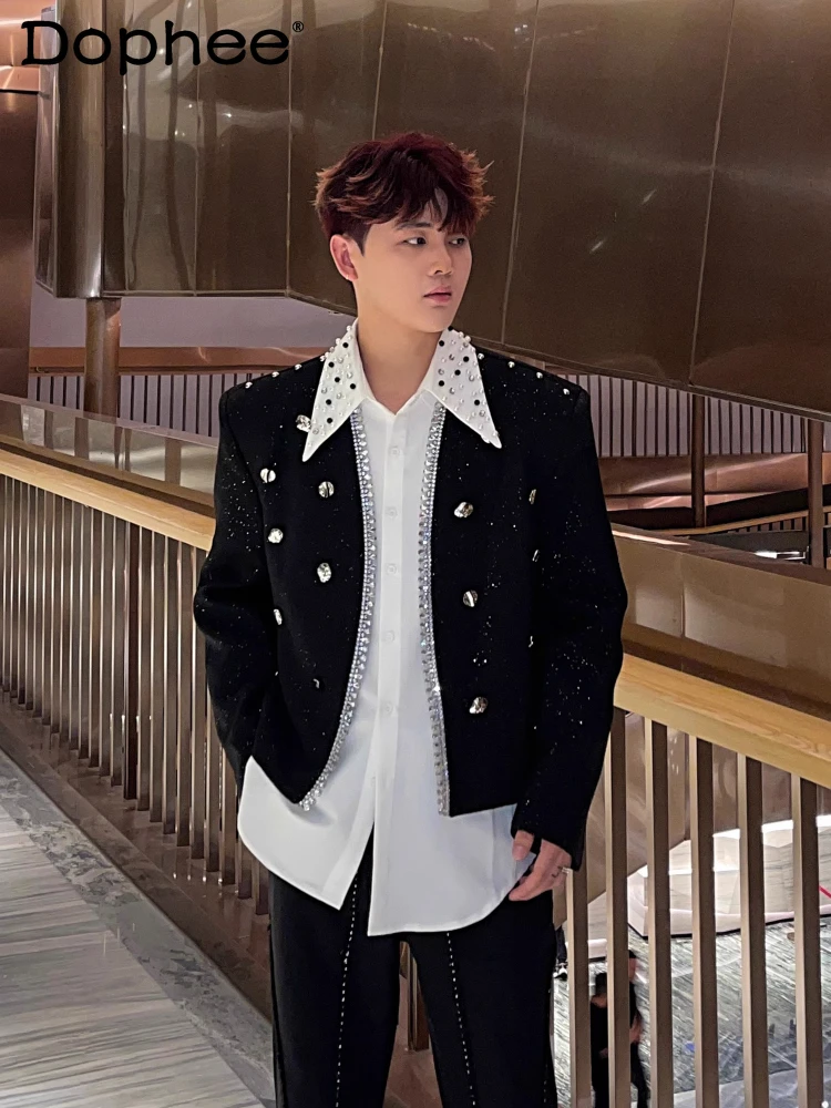 Male 2025 Spring Autumn New Black Short Style Tailored Coats Male Babysbreath Diamond Splicing Design Collarless Suit Jackets
Male 2025 Spring Autumn New Black Short Style Tailored Coats Male Babysbreath Diamond Splicing Design Collarless Suit Jackets