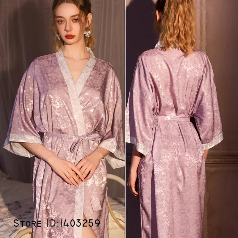 Female Kimono Bathrobe Gown Sexy Jacquard Long Robe Home Dress Spring Summer New Sleepwear Nightgown Loose Satin Loungewear
Female Kimono Bathrobe Gown Sexy Jacquard Long Robe Home Dress Spring Summer New Sleepwear Nightgown Loose Satin Loungewear