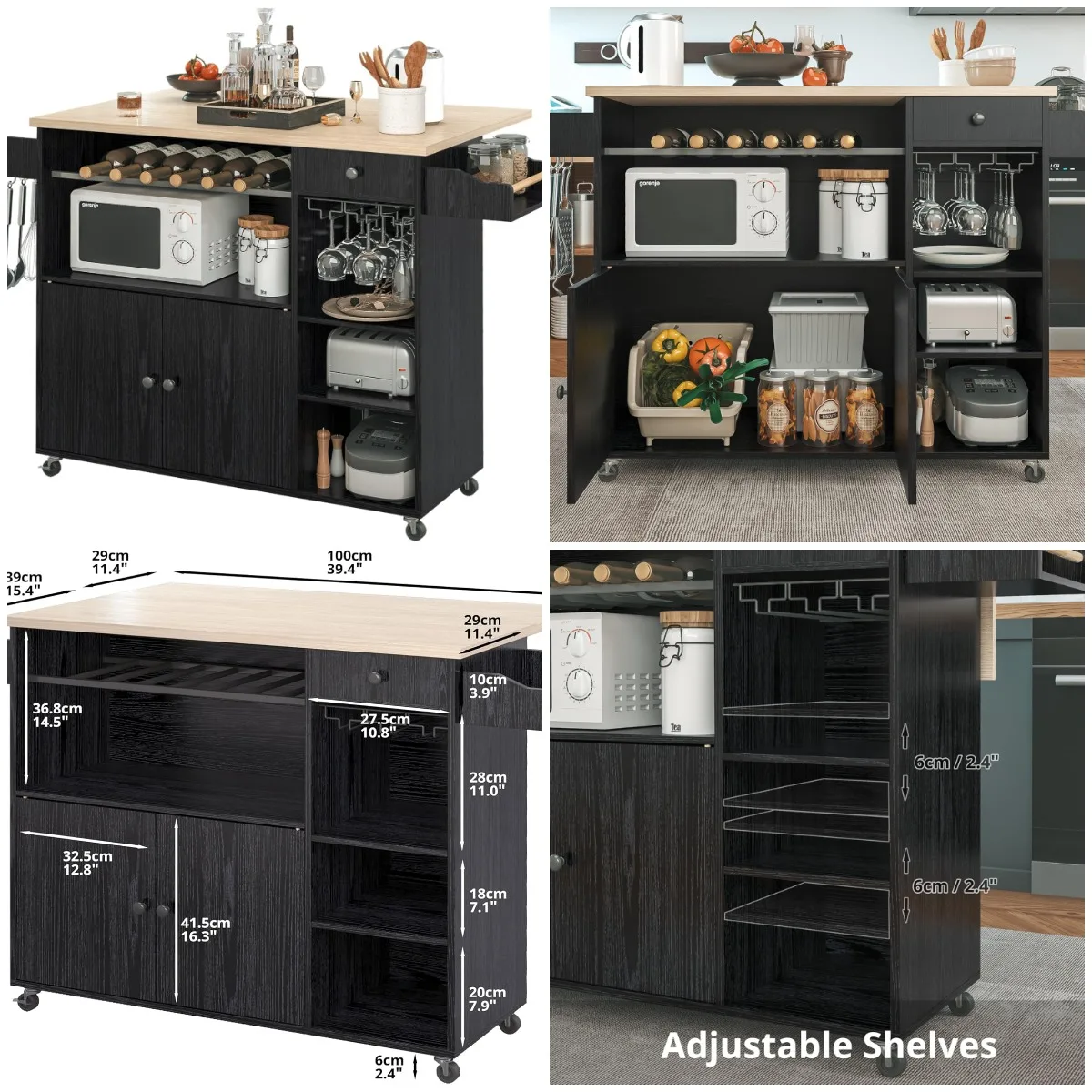 Rolling Kitchen Island Cart with Drop-Leaf, Wine Rack & Microwave Shelf, Black
Rolling Kitchen Island Cart with Drop-Leaf, Wine Rack & Microwave Shelf, Black