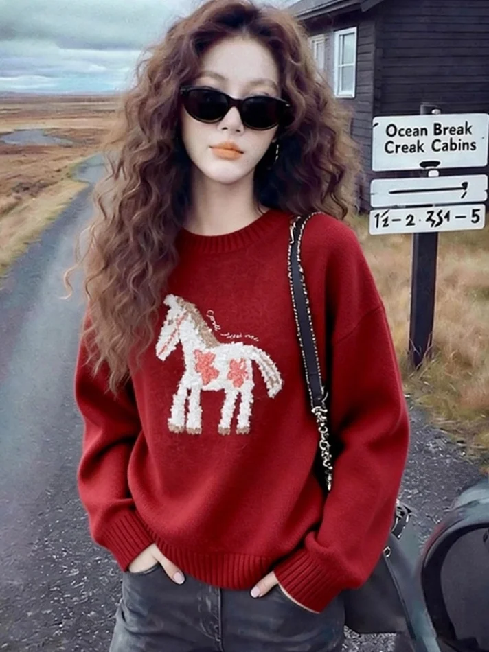 Retro Winter Knitted Sweater Red Loose Long Sve round Ne Pullover Women's Top Soft Comfortable Vintage Sle Casual Wear
Retro Winter Knitted Sweater Red Loose Long Sve round Ne Pullover Women's Top Soft Comfortable Vintage Sle Casual Wear