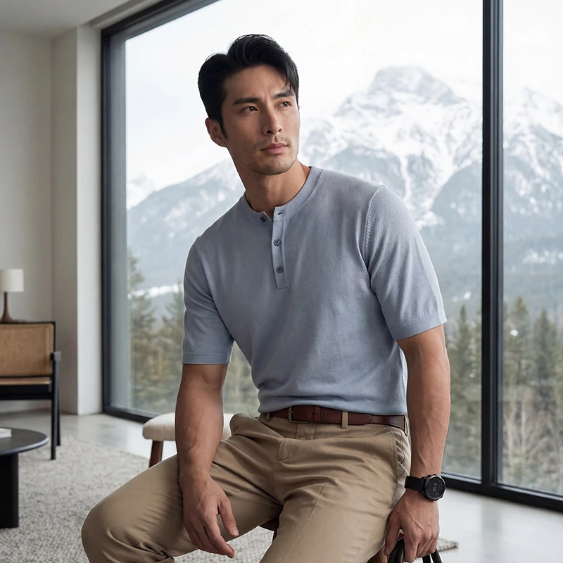 Men's mulberry silk T-shirt casual knit pullover short sleeved loose round neck button tops high-quality spun cashmere Tees
Men's mulberry silk T-shirt casual knit pullover short sleeved loose round neck button tops high-quality spun cashmere Tees