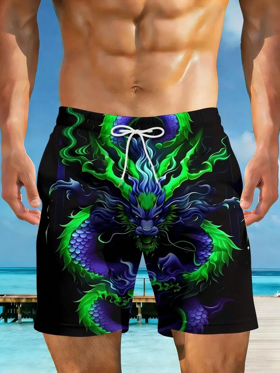 Mens Beach Shorts 3D Print Green Dragon Purple Flames Black Background
Mens Beach Shorts 3D Print Green Dragon Purple Flames Black Background