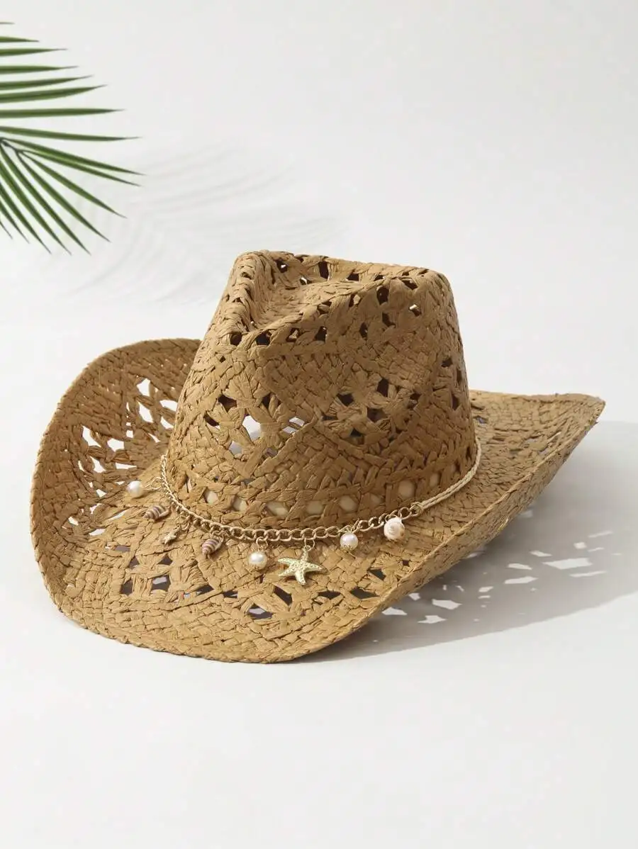 Unisex Straw Cowboy Hat With Conch And Star Decor Hollow Woven Sun Hat For Beach Travel Summer
Unisex Straw Cowboy Hat With Conch And Star Decor Hollow Woven Sun Hat For Beach Travel Summer
