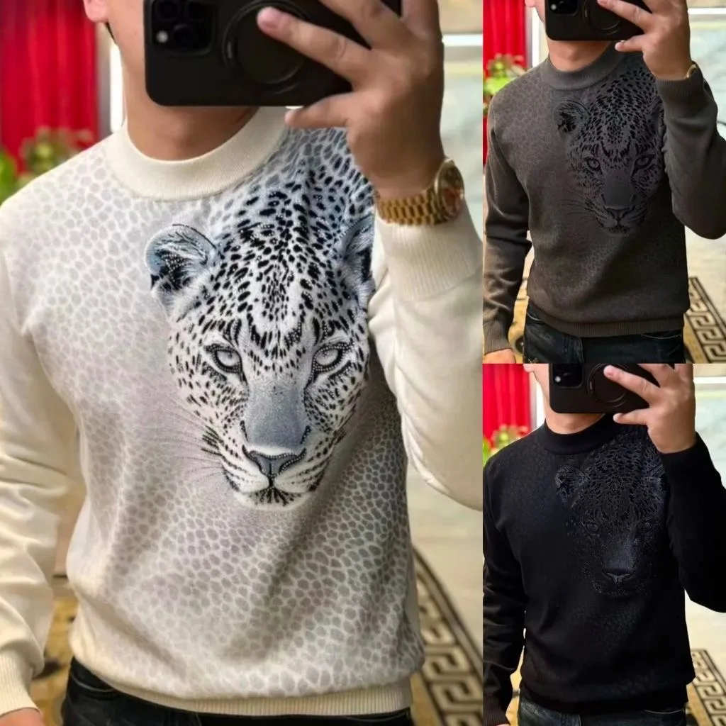 Осень-зима, новый мужской круглый вязаный свитер с леопардовым принтом и стразами, повседневный универсальный персональный топ
Осень-зима, новый мужской круглый вязаный свитер с леопардовым принтом и стразами, повседневный универсальный персональный топ