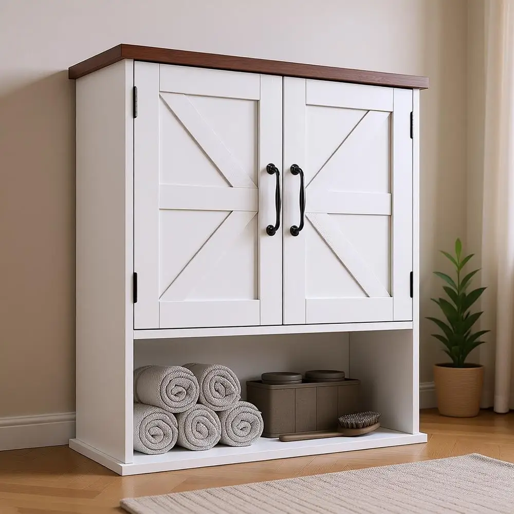 Белый настенный шкаф для ванной комнаты с регулируемыми полками, в стиле амбарных дверей
Белый настенный шкаф для ванной комнаты с регулируемыми полками, в стиле амбарных дверей