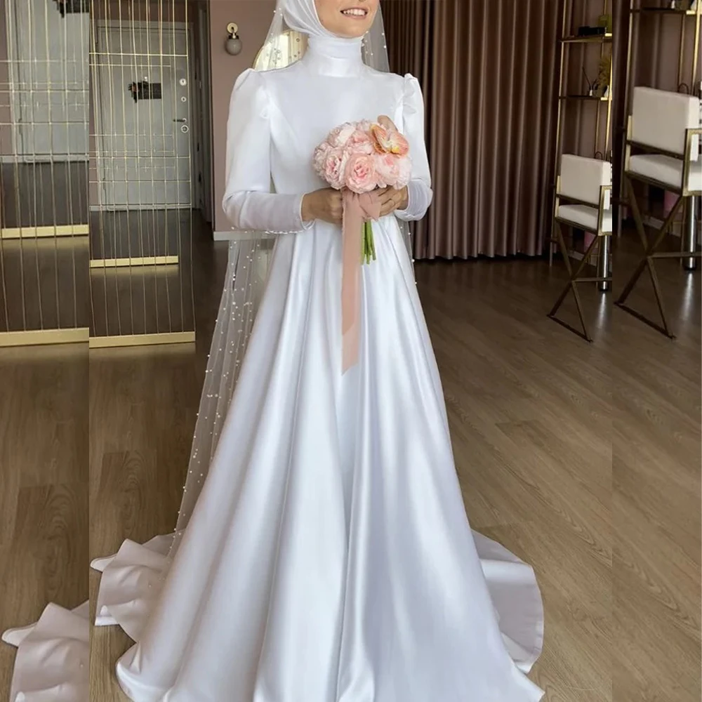 Muslim Wedding Dresses High Neck Long Sleeves White Bride Dress Hijab Draped A Line Bridal Gown Customized Vestidos De Novia
Muslim Wedding Dresses High Neck Long Sleeves White Bride Dress Hijab Draped A Line Bridal Gown Customized Vestidos De Novia