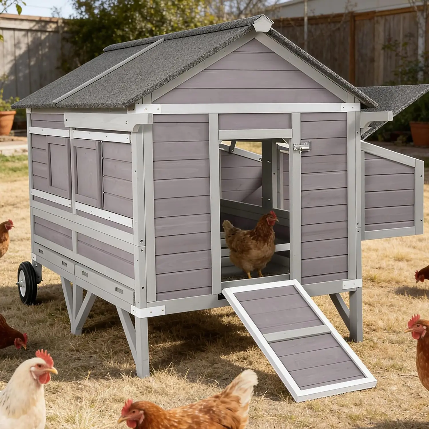 Large Mobile Waterproof Chicken Coop with Wheels 2 Nesting Boxes Elevated Base Sliding Trays 68.1in Outdoor Grey, Custom
Large Mobile Waterproof Chicken Coop with Wheels 2 Nesting Boxes Elevated Base Sliding Trays 68.1in Outdoor Grey, Custom