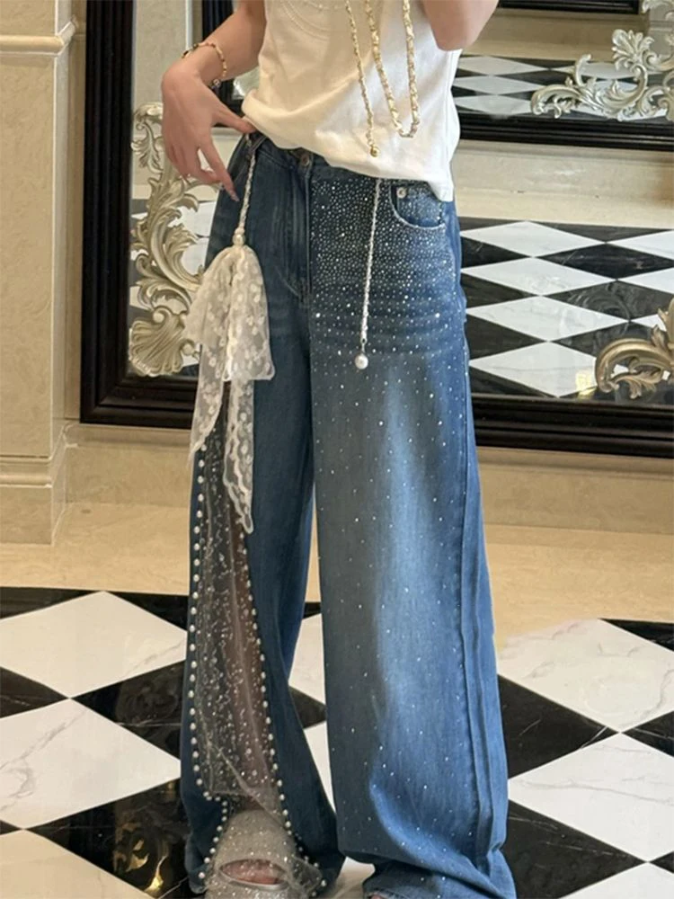 Korean Hot Diamond Patchwork Lace Jeans For Women Chic High Waisted Versatile Wide Leg Pants Fashion Loose Floor Length Trousers
Korean Hot Diamond Patchwork Lace Jeans For Women Chic High Waisted Versatile Wide Leg Pants Fashion Loose Floor Length Trousers
