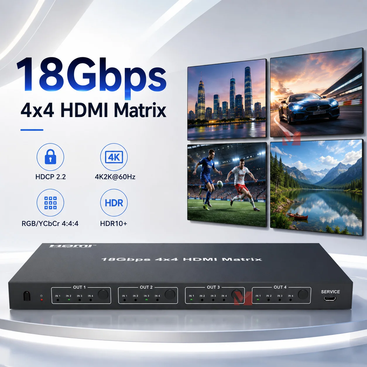 4x4 HDMI Matrix Switch 18Gbps HDCP 2.2 4K2K@60Hz 24bit RGB/YCbCr 4:4:4 Switcher HDR Dolby Vision 4K to 1080P
4x4 HDMI Matrix Switch 18Gbps HDCP 2.2 4K2K@60Hz 24bit RGB/YCbCr 4:4:4 Switcher HDR Dolby Vision 4K to 1080P