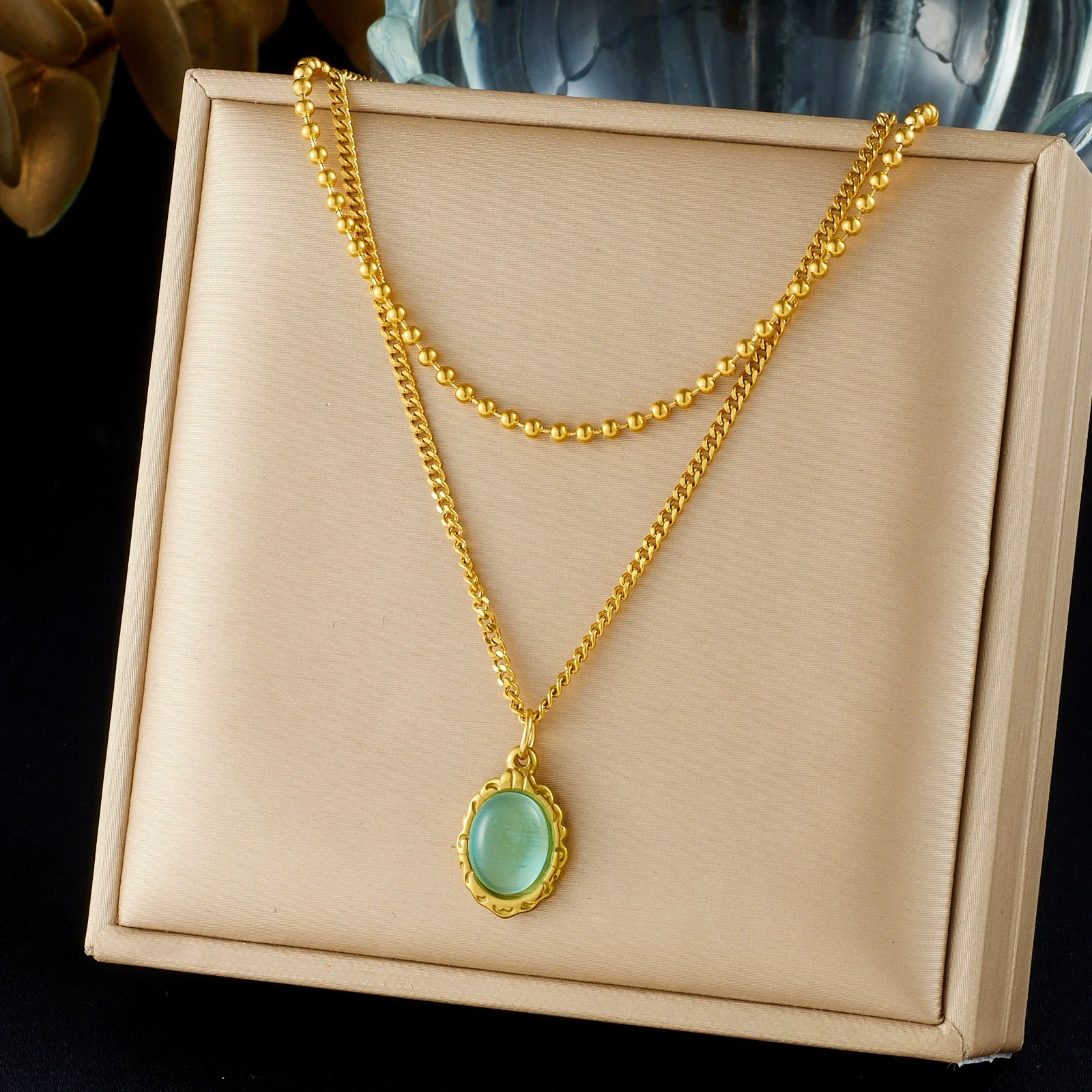 18K Gold Layered Oval Green Cat Eye Pendant Necklace 316L Stainless Steel Bead & Curb Chain Vintage Women Dainty Jewelry
18K Gold Layered Oval Green Cat Eye Pendant Necklace 316L Stainless Steel Bead & Curb Chain Vintage Women Dainty Jewelry