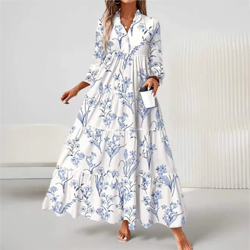 Woman Elegant Button Flower Print Big Hem Maxi Dresses Spring Autumn Fashion Casual Loose V-neck 3/4 Sleeve Holiday Party Dress
Woman Elegant Button Flower Print Big Hem Maxi Dresses Spring Autumn Fashion Casual Loose V-neck 3/4 Sleeve Holiday Party Dress