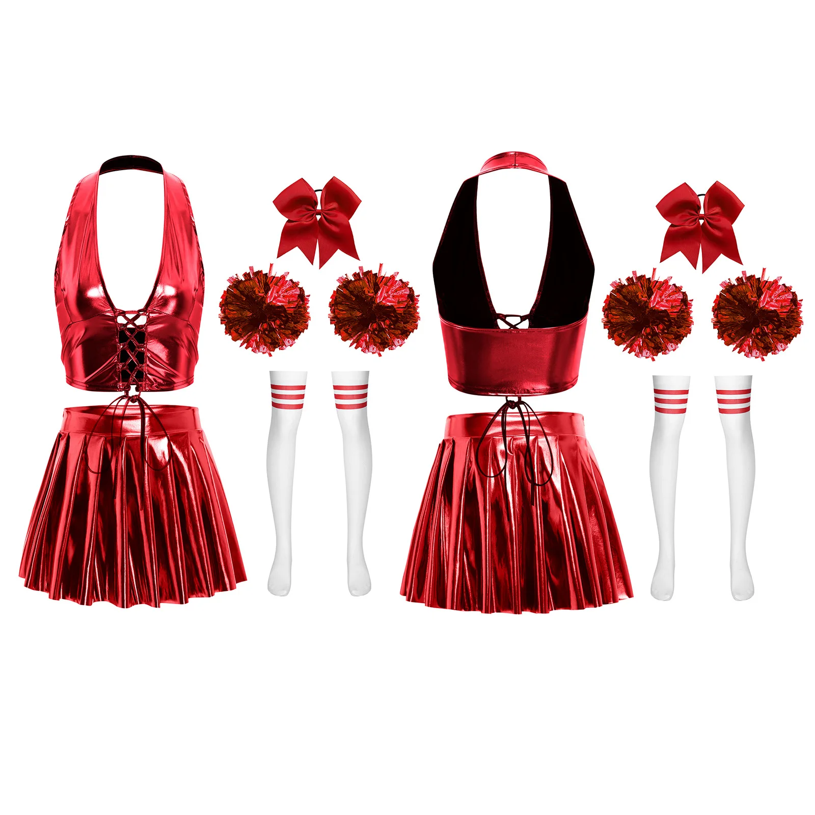 Women Schoolgirl Cheering Dance Outfits Metallic Crop Tops with Mini Skirt Dance Set Competition Matches Applaud Cheer Costumes
Women Schoolgirl Cheering Dance Outfits Metallic Crop Tops with Mini Skirt Dance Set Competition Matches Applaud Cheer Costumes