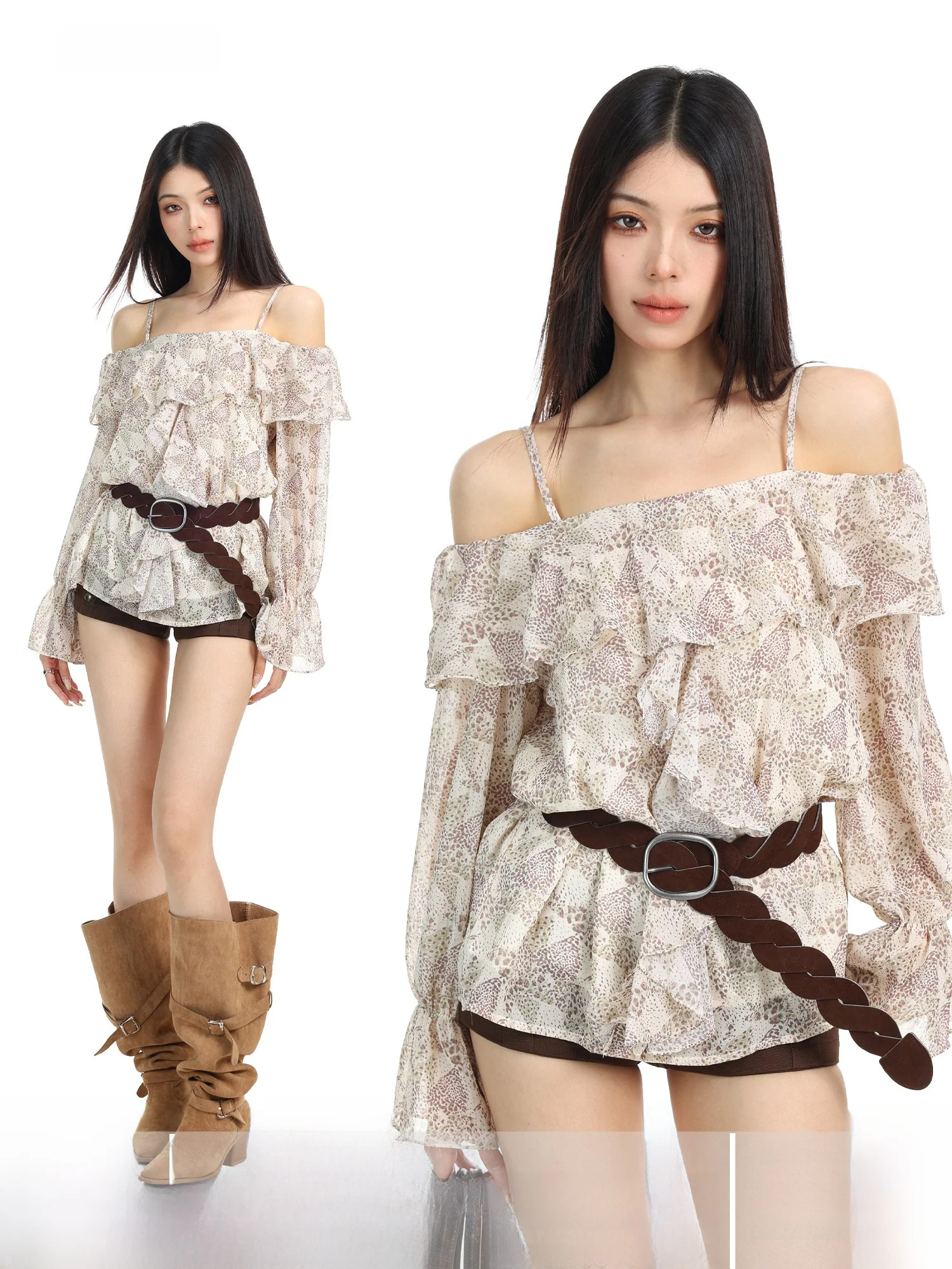 Summer Korean Style Vacation Loose Long Sleeve Shoulder Bared Women's Shirt Slimming Top with Belt Floral Print Casual Wear
Summer Korean Style Vacation Loose Long Sleeve Shoulder Bared Women's Shirt Slimming Top with Belt Floral Print Casual Wear