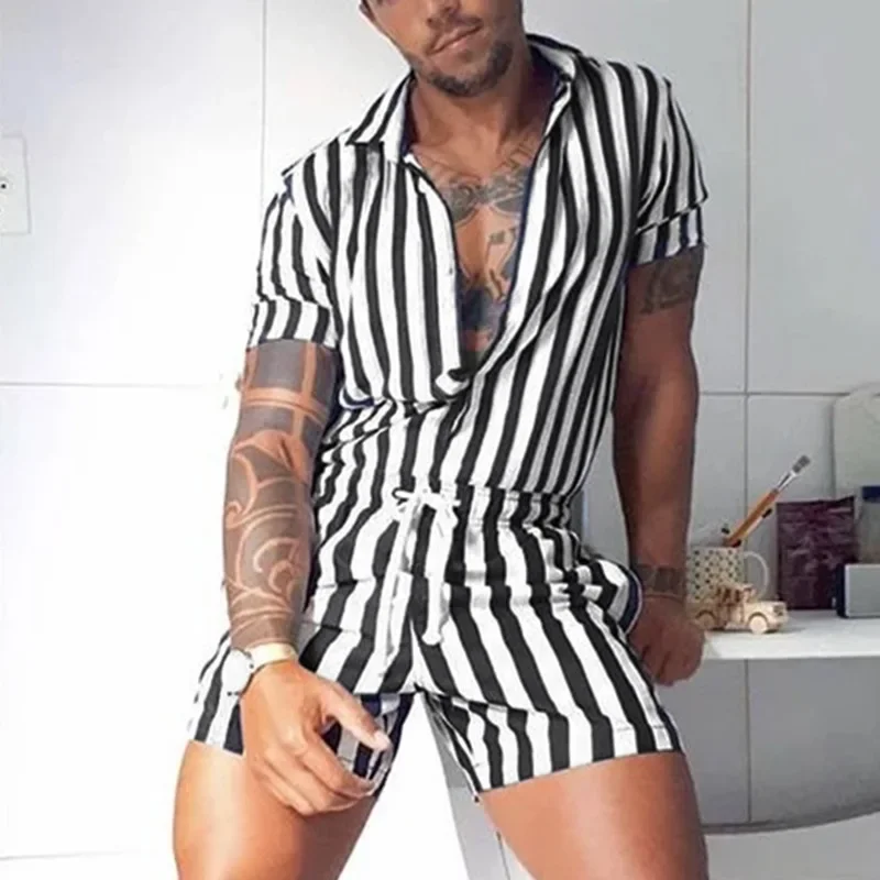 Summer Stripe Jumpsuit Men's Sets Short Sleeved Single Breasted Turndown Collar Lace Up Casual Pants Suit
Summer Stripe Jumpsuit Men's Sets Short Sleeved Single Breasted Turndown Collar Lace Up Casual Pants Suit