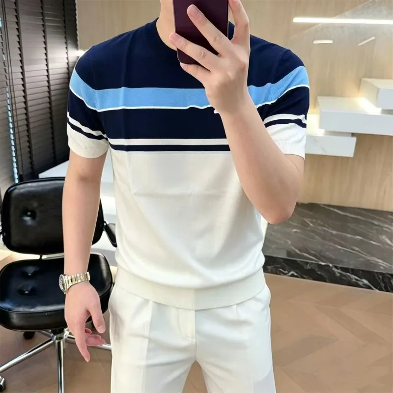 2026 Summer Knitted Short Sleeved T-shirt for Men Luxury Striped Casual Business T-shirts Ice Silk Round Neck Versatile T-shirts
2026 Summer Knitted Short Sleeved T-shirt for Men Luxury Striped Casual Business T-shirts Ice Silk Round Neck Versatile T-shirts