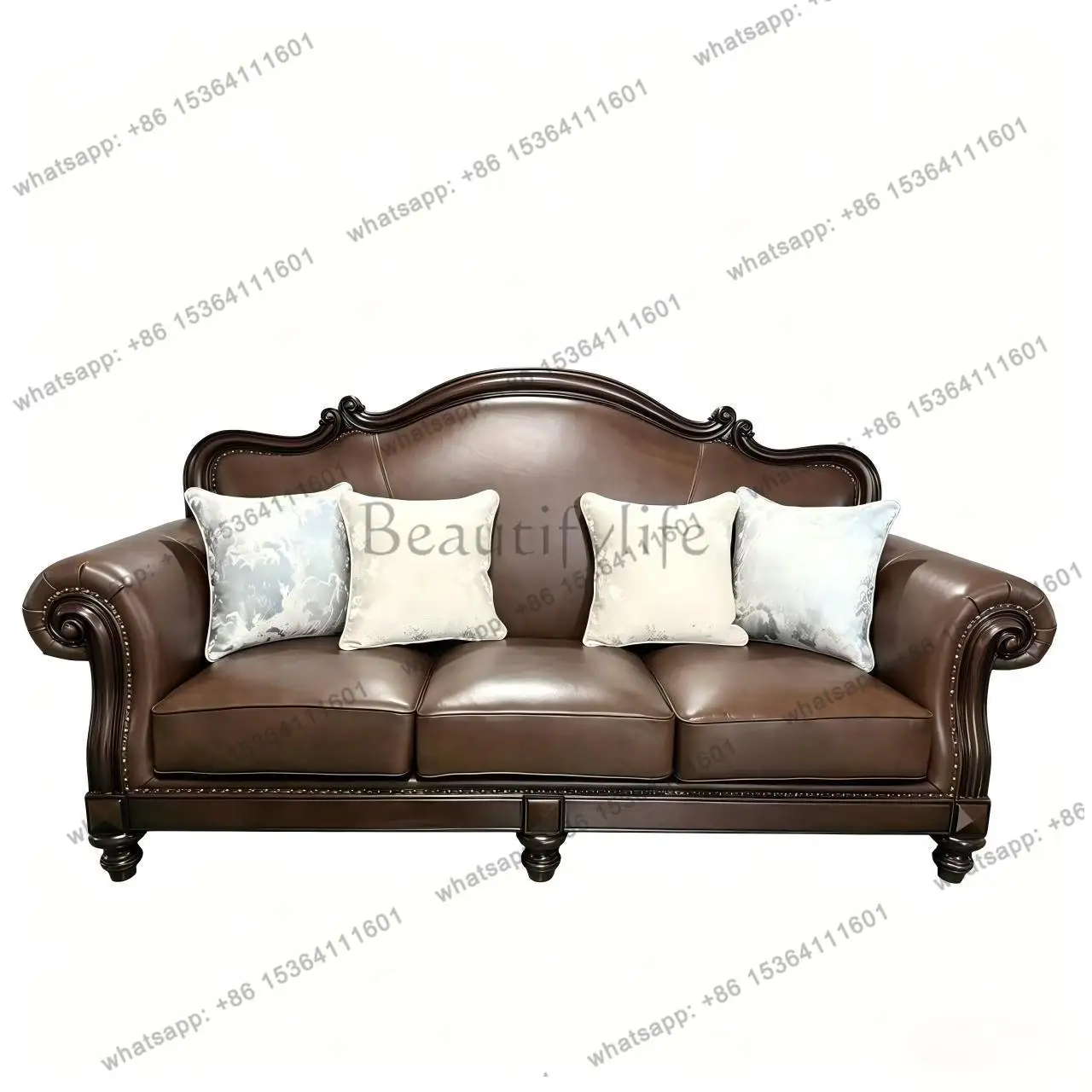 Classic American retro French all-solid wood leather sofa three-person small apartment
Classic American retro French all-solid wood leather sofa three-person small apartment
