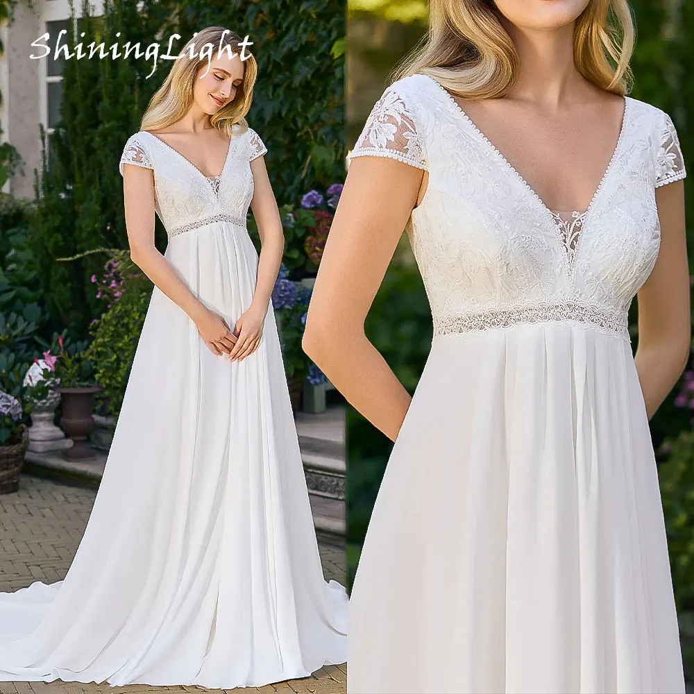 ShiningLight Summer Chiffon A-Line Wedding Dresses Cap Sleeve V Neck Bohemian Beach Lace Bridal Gown for Pregnant Customized
ShiningLight Summer Chiffon A-Line Wedding Dresses Cap Sleeve V Neck Bohemian Beach Lace Bridal Gown for Pregnant Customized